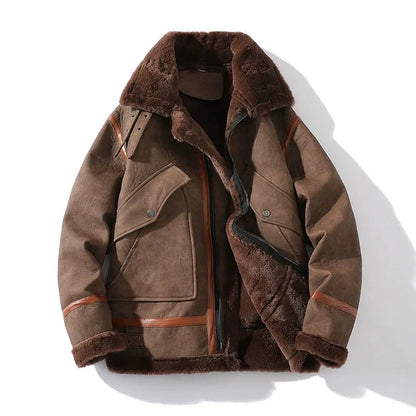 Suede Moto Jacket with Shearling Lining Lapel Collar and Oversized Snap Pockets