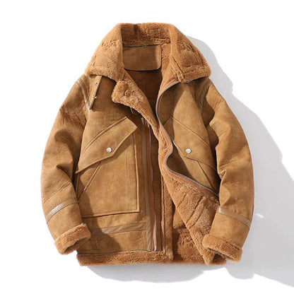 Suede Moto Jacket with Shearling Lining Lapel Collar and Oversized Snap Pockets