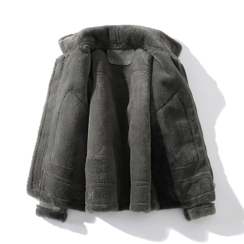Suede Moto Jacket with Shearling Lining Lapel Collar and Oversized Snap Pockets