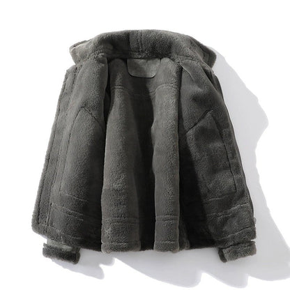 Suede Moto Jacket with Shearling Lining Lapel Collar and Oversized Snap Pockets