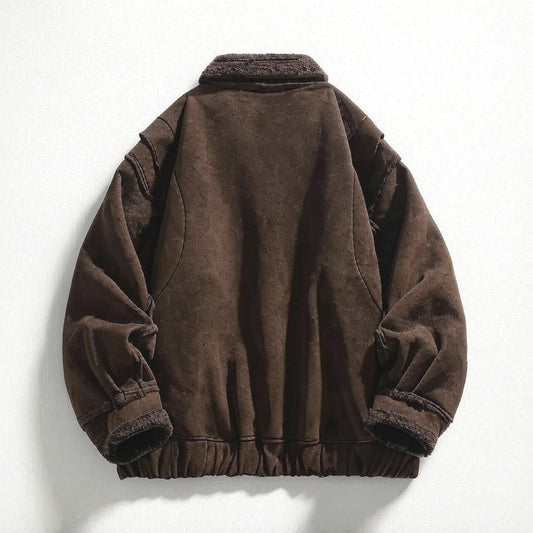 Suede Shearling Bomber Jacket with Fleece Trim Collar Cuffs and Zip Front