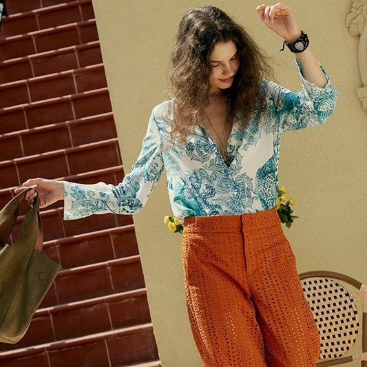 Summer Long Sleeve Botanical Toile Print Silk Blouse featuring Deep V Neck and Relaxed Fit
