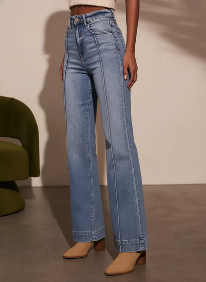 Tucker Medium Wash Wide Leg Flare Denim Jeans with High Waist and Front Seam