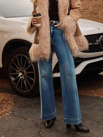 Tucker Medium Wash Wide Leg Flare Denim Jeans with High Waist and Front Seam