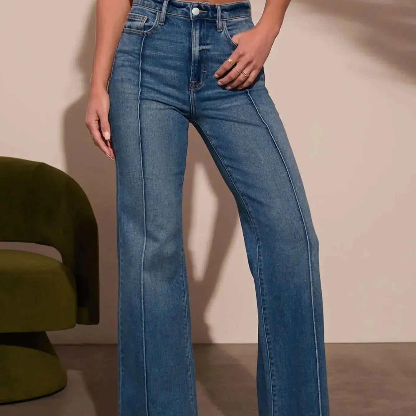Tucker Medium Wash Wide Leg Flare Denim Jeans with High Waist and Front Seam