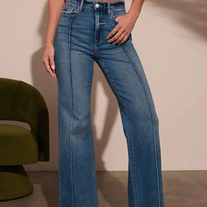 Tucker Medium Wash Wide Leg Flare Denim Jeans with High Waist and Front Seam