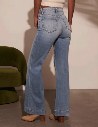 Tucker Medium Wash Wide Leg Flare Denim Jeans with High Waist and Front Seam