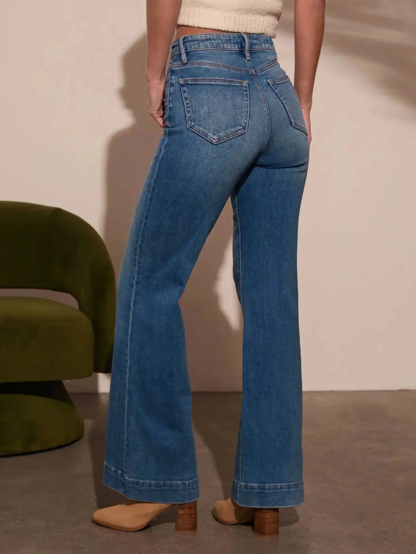 Tucker Medium Wash Wide Leg Flare Denim Jeans with High Waist and Front Seam