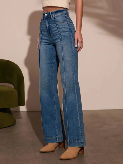 Tucker Medium Wash Wide Leg Flare Denim Jeans with High Waist and Front Seam