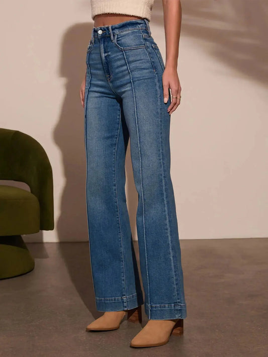 Tucker Medium Wash Wide Leg Flare Denim Jeans with High Waist and Front Seam