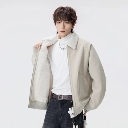 Urban Shearling Jacket with Contrast Teddy Collar and Oversized Patch Pockets