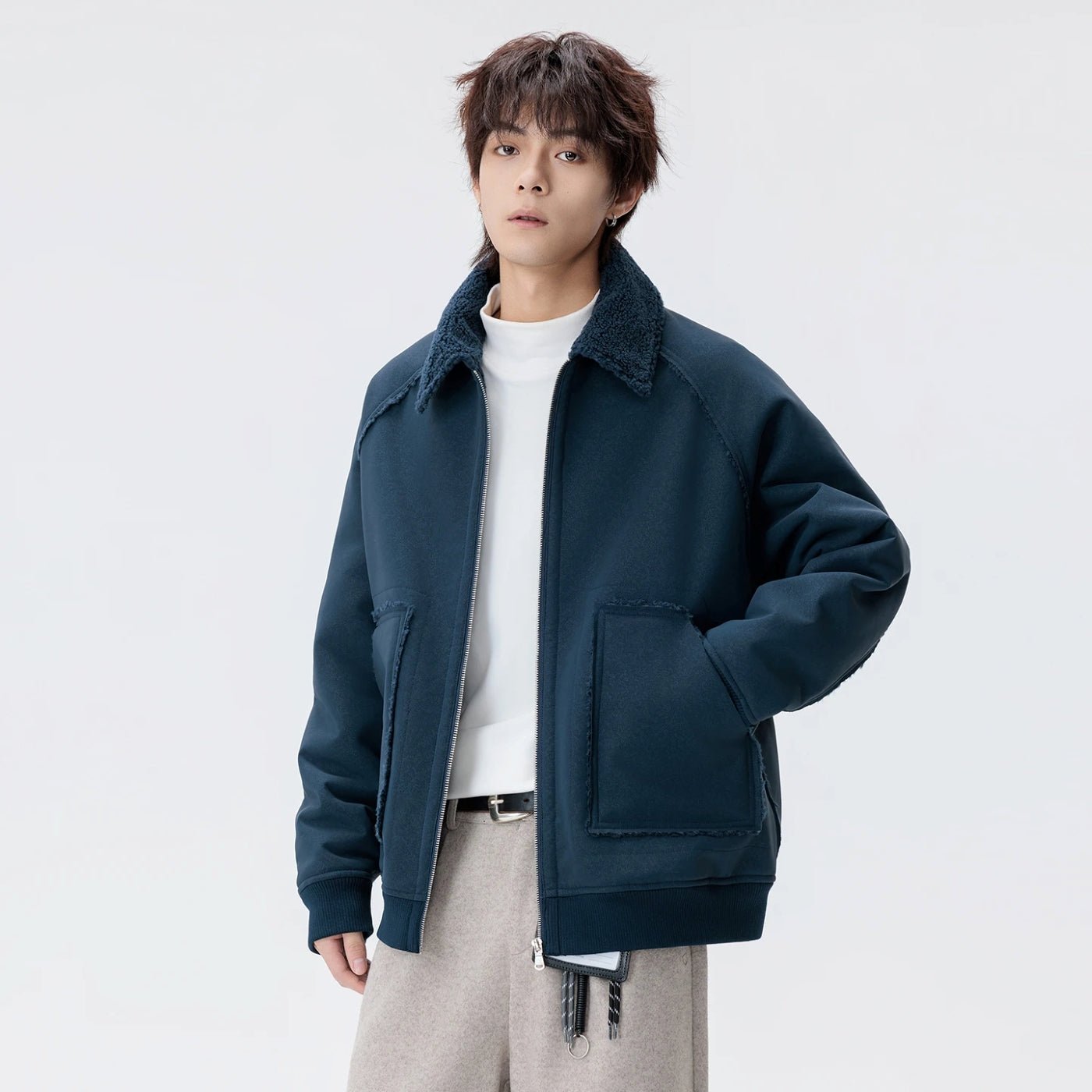 Urban Shearling Jacket with Contrast Teddy Collar and Oversized Patch Pockets