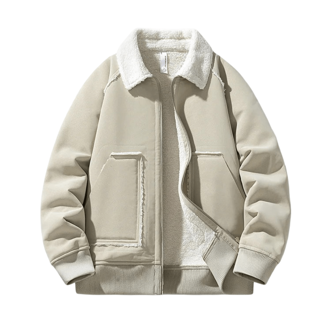 Urban Shearling Jacket with Contrast Teddy Collar and Oversized Patch Pockets