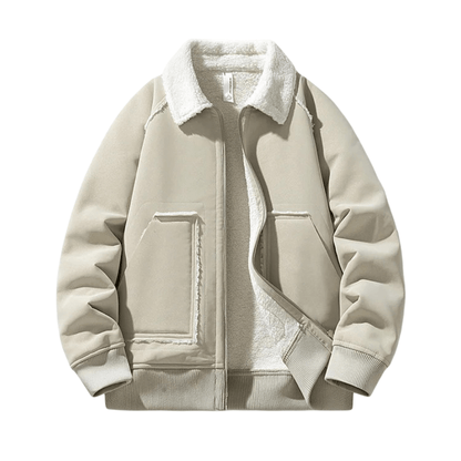 Urban Shearling Jacket with Contrast Teddy Collar and Oversized Patch Pockets