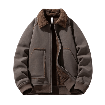 Urban Shearling Jacket with Contrast Teddy Collar and Oversized Patch Pockets