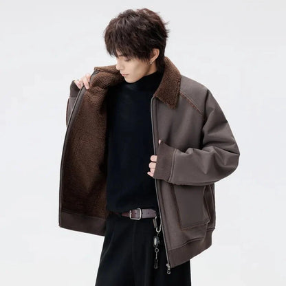 Urban Shearling Jacket with Contrast Teddy Collar and Oversized Patch Pockets