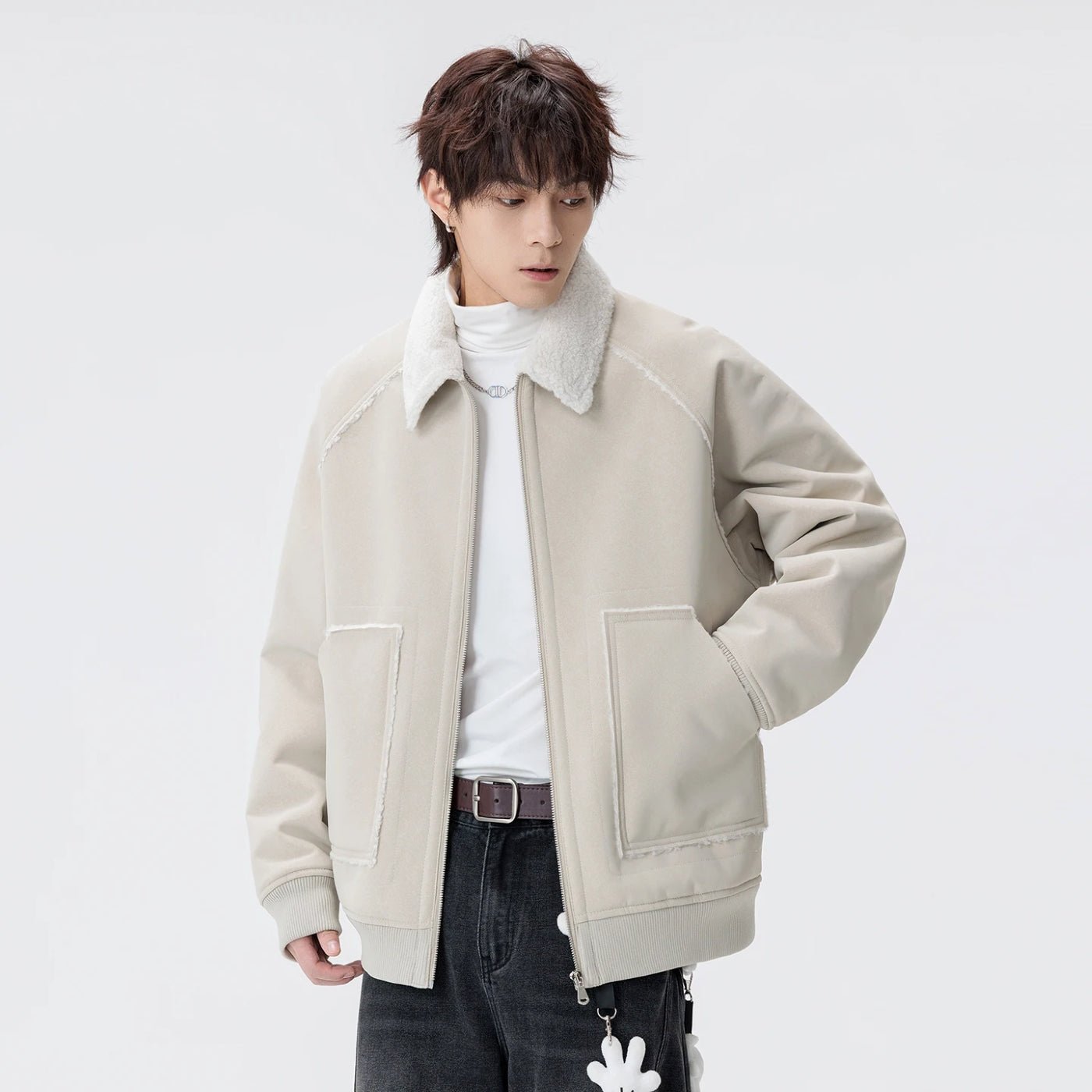 Urban Shearling Jacket with Contrast Teddy Collar and Oversized Patch Pockets