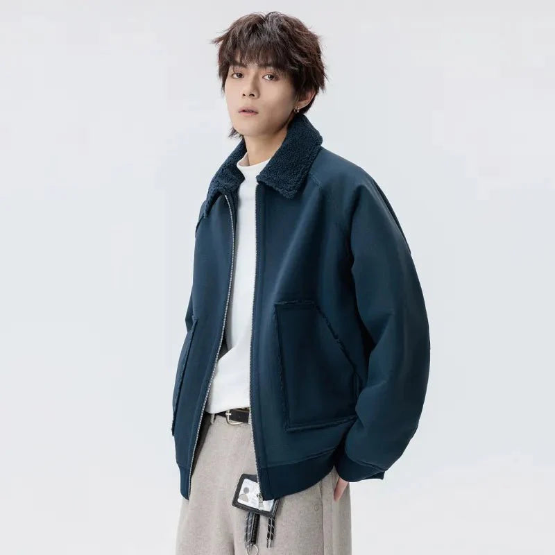 Urban Shearling Jacket with Contrast Teddy Collar and Oversized Patch Pockets