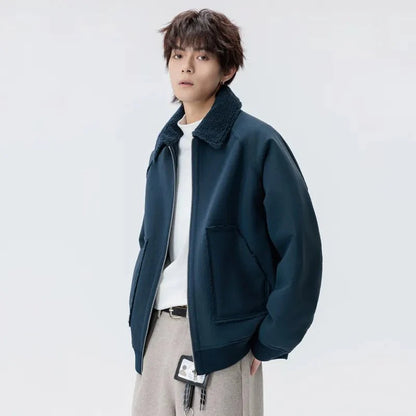 Urban Shearling Jacket with Contrast Teddy Collar and Oversized Patch Pockets