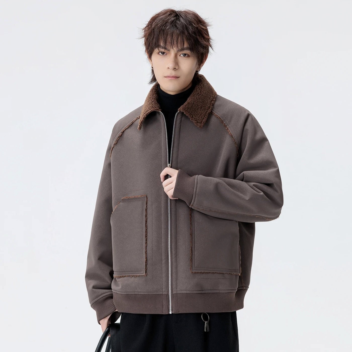 Urban Shearling Jacket with Contrast Teddy Collar and Oversized Patch Pockets