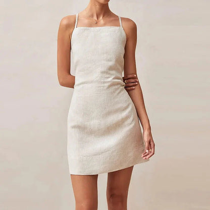 Valerie Cotton Linen Square Neck Mini Dress with Criss-Cross Lace-Up Open Back