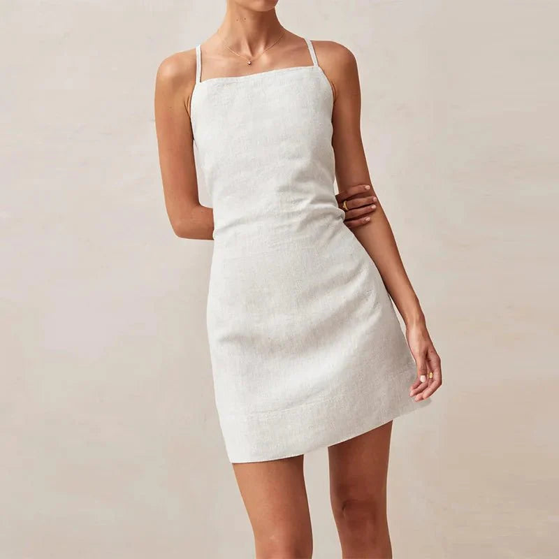Valerie Cotton Linen Square Neck Mini Dress with Criss-Cross Lace-Up Open Back