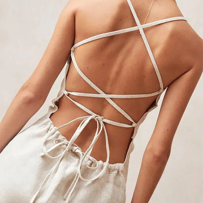 Valerie Cotton Linen Square Neck Mini Dress with Criss-Cross Lace-Up Open Back