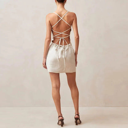 Valerie Cotton Linen Square Neck Mini Dress with Criss-Cross Lace-Up Open Back