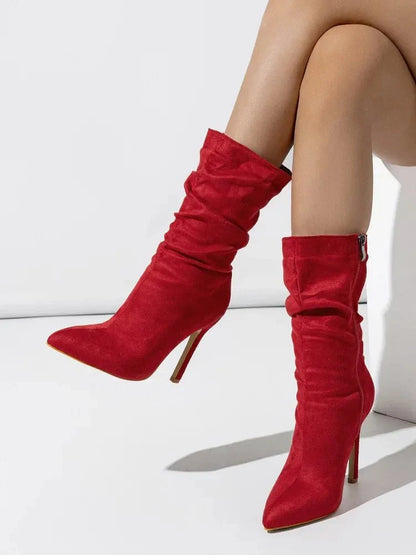 Velvette Ruched Suede Mid Calf Stiletto Boot with Pointed Toe and Side Zip