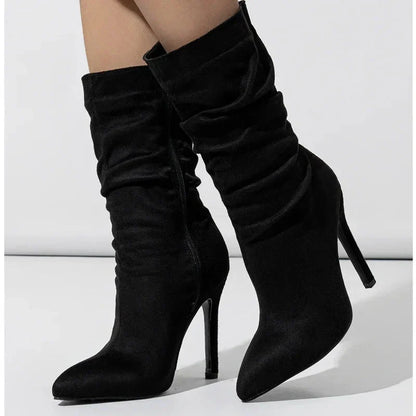 Velvette Ruched Suede Mid Calf Stiletto Boot with Pointed Toe and Side Zip