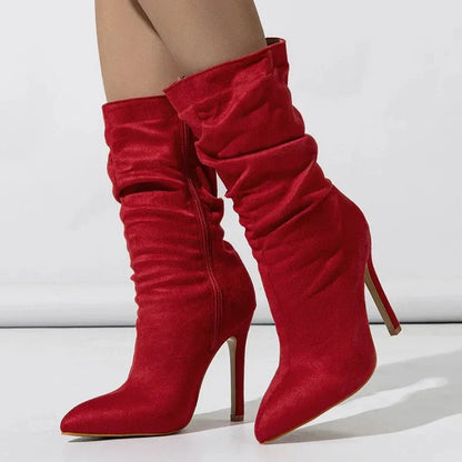 Velvette Ruched Suede Mid Calf Stiletto Boot with Pointed Toe and Side Zip