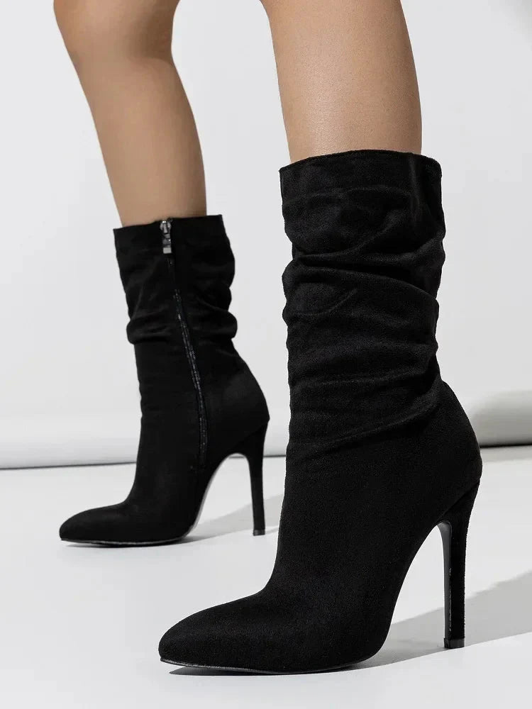 Velvette Ruched Suede Mid Calf Stiletto Boot with Pointed Toe and Side Zip