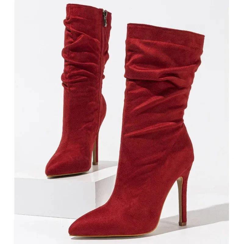 Velvette Ruched Suede Mid Calf Stiletto Boot with Pointed Toe and Side Zip