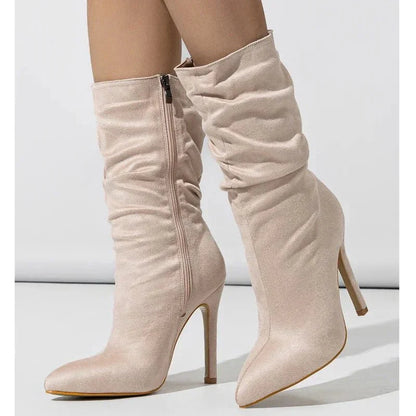 Velvette Ruched Suede Mid Calf Stiletto Boot with Pointed Toe and Side Zip