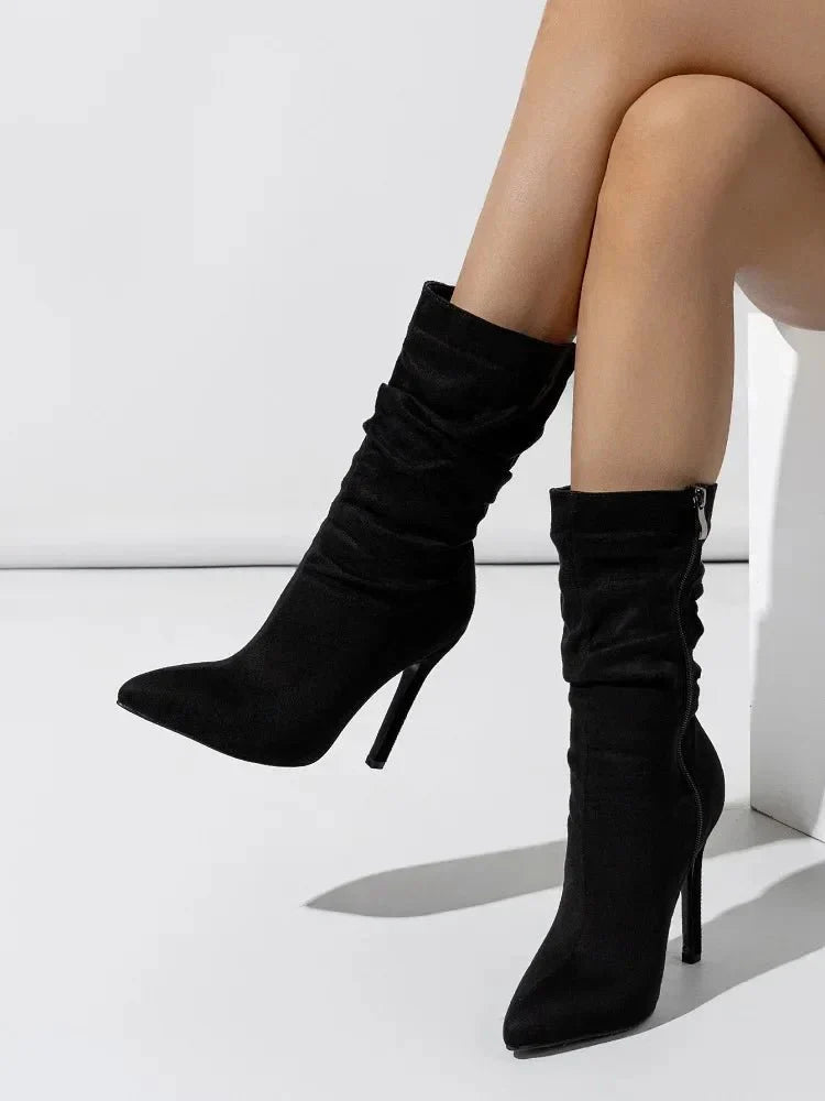 Velvette Ruched Suede Mid Calf Stiletto Boot with Pointed Toe and Side Zip