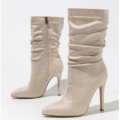 Velvette Ruched Suede Mid Calf Stiletto Boot with Pointed Toe and Side Zip