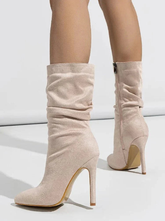 Velvette Ruched Suede Mid Calf Stiletto Boot with Pointed Toe and Side Zip