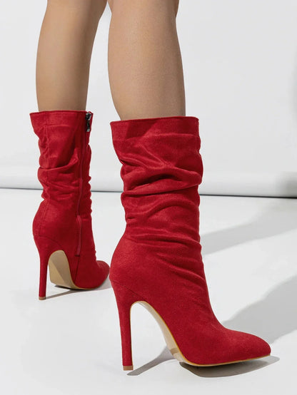 Velvette Ruched Suede Mid Calf Stiletto Boot with Pointed Toe and Side Zip