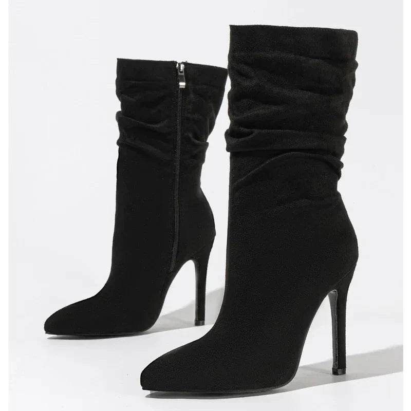 Velvette Ruched Suede Mid Calf Stiletto Boot with Pointed Toe and Side Zip