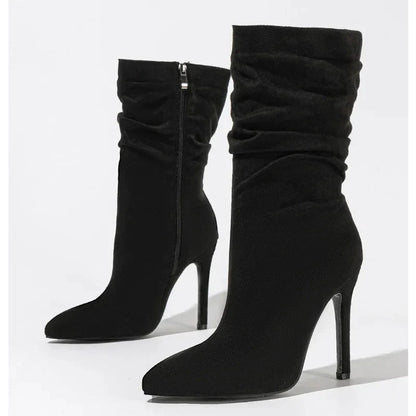 Velvette Ruched Suede Mid Calf Stiletto Boot with Pointed Toe and Side Zip