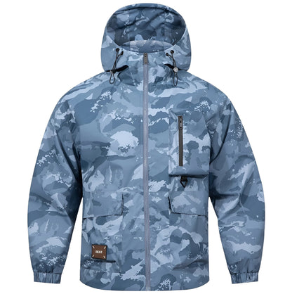 Woodland Camo Print Windbreaker Jacket with Drawstring Hood and Cargo Pockets