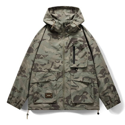 Woodland Camo Print Windbreaker Jacket with Drawstring Hood and Cargo Pockets