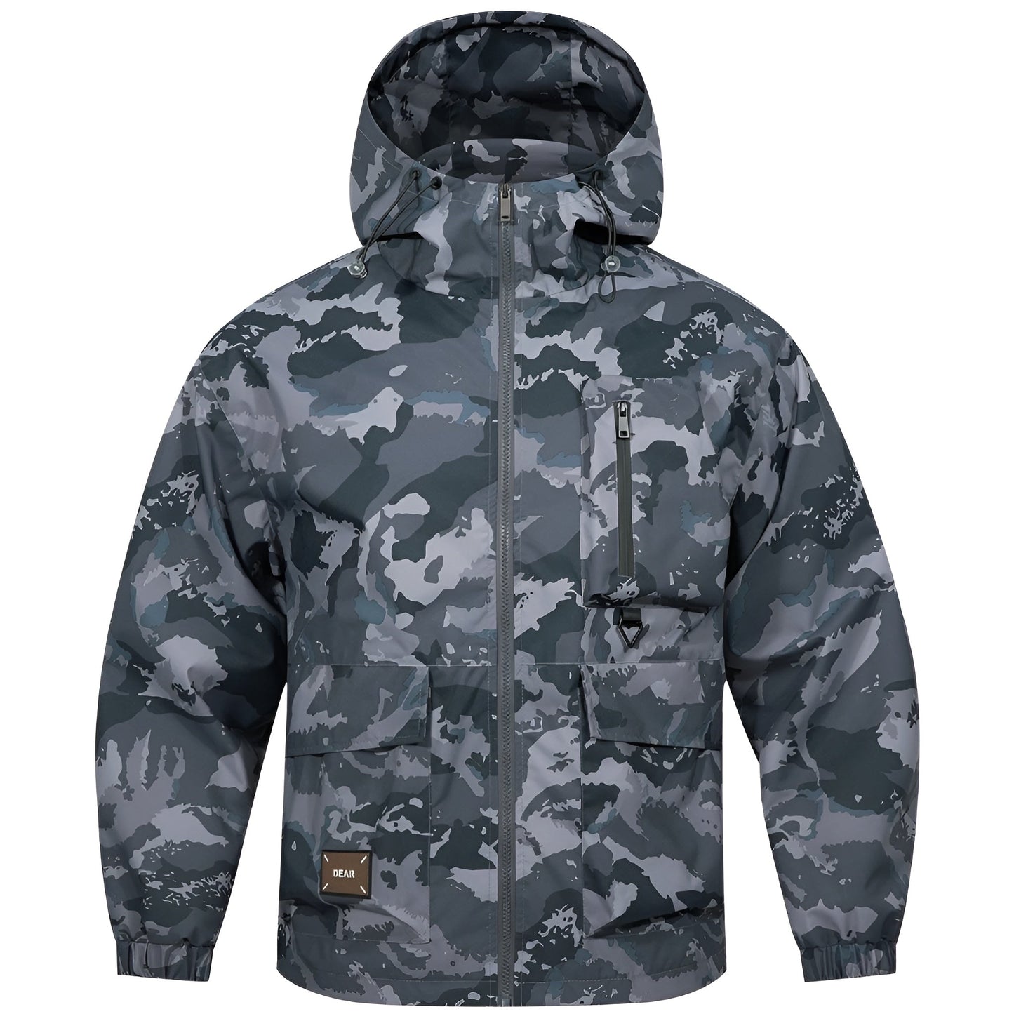 Woodland Camo Print Windbreaker Jacket with Drawstring Hood and Cargo Pockets