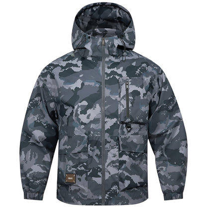 Woodland Camo Print Windbreaker Jacket with Drawstring Hood and Cargo Pockets