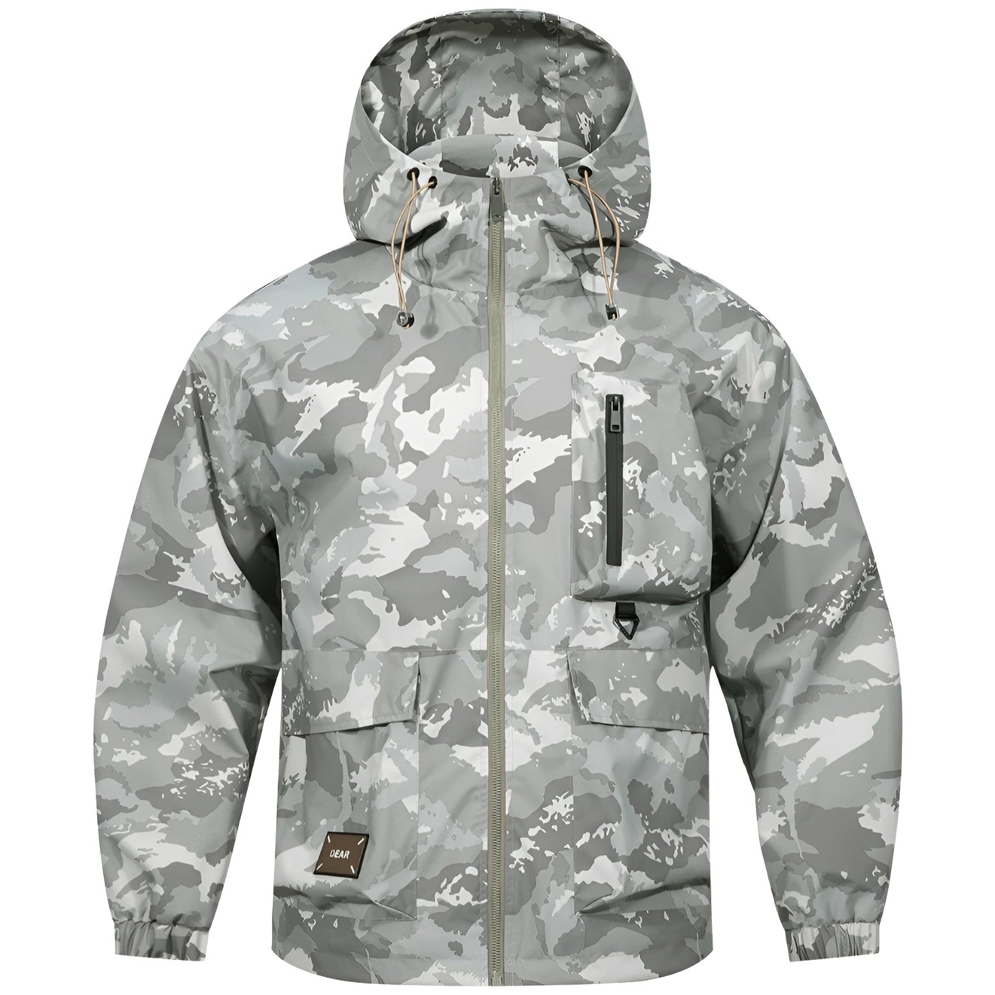 Woodland Camo Print Windbreaker Jacket with Drawstring Hood and Cargo Pockets