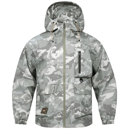 Woodland Camo Print Windbreaker Jacket with Drawstring Hood and Cargo Pockets