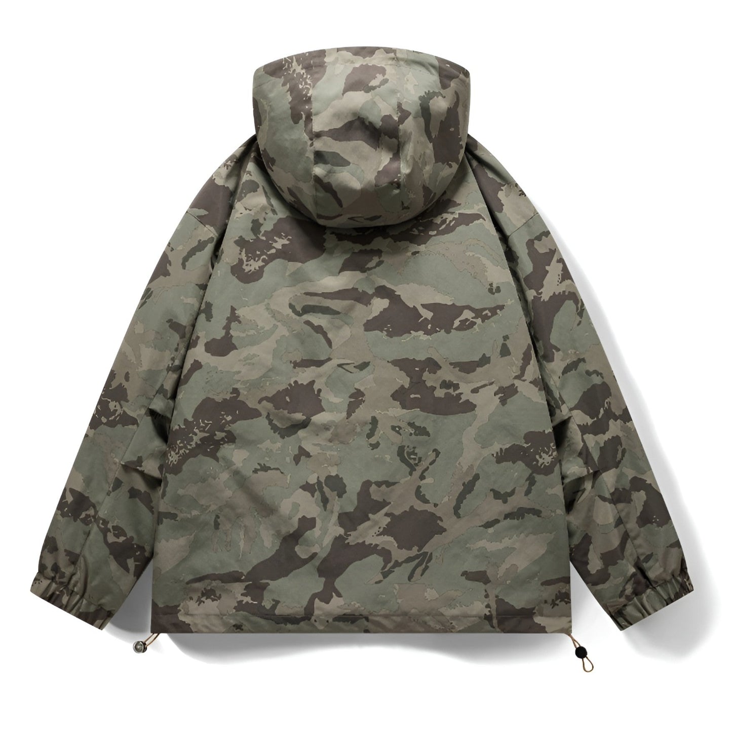 Woodland Camo Print Windbreaker Jacket with Drawstring Hood and Cargo Pockets