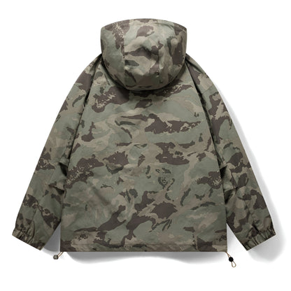 Woodland Camo Print Windbreaker Jacket with Drawstring Hood and Cargo Pockets