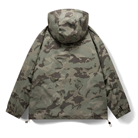 Woodland Camo Print Windbreaker Jacket with Drawstring Hood and Cargo Pockets
