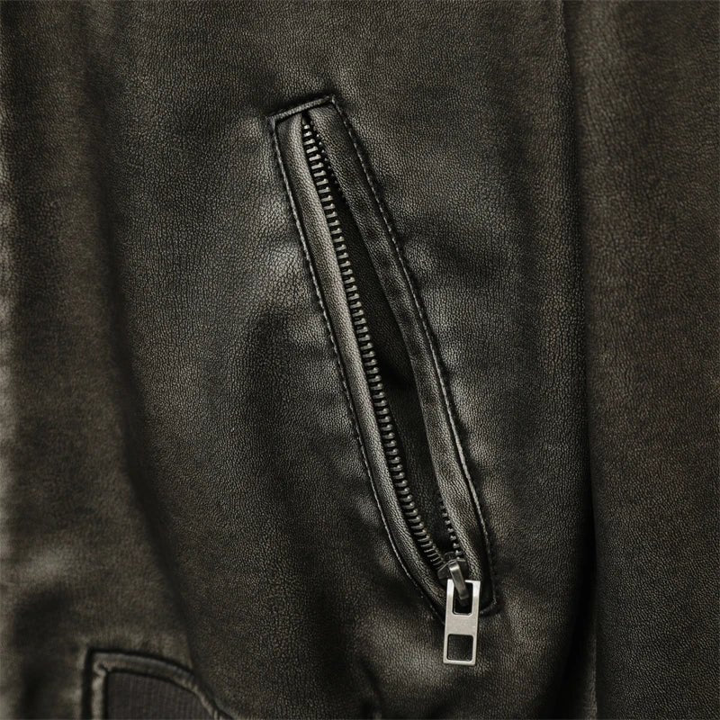Zoe Vintage Washed Leather Bomber with Zip Pockets and Contrast Ribbed Trim